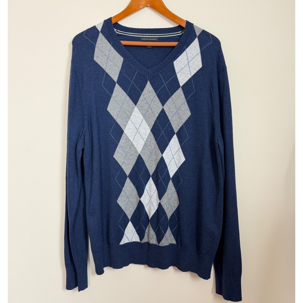 Banana Republic Mens Blue Argyle Sweater XL V-Neck Cotton Rayon Cashmere Blend
